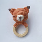 Handmade crochet fox baby rattle with wooden teether ring